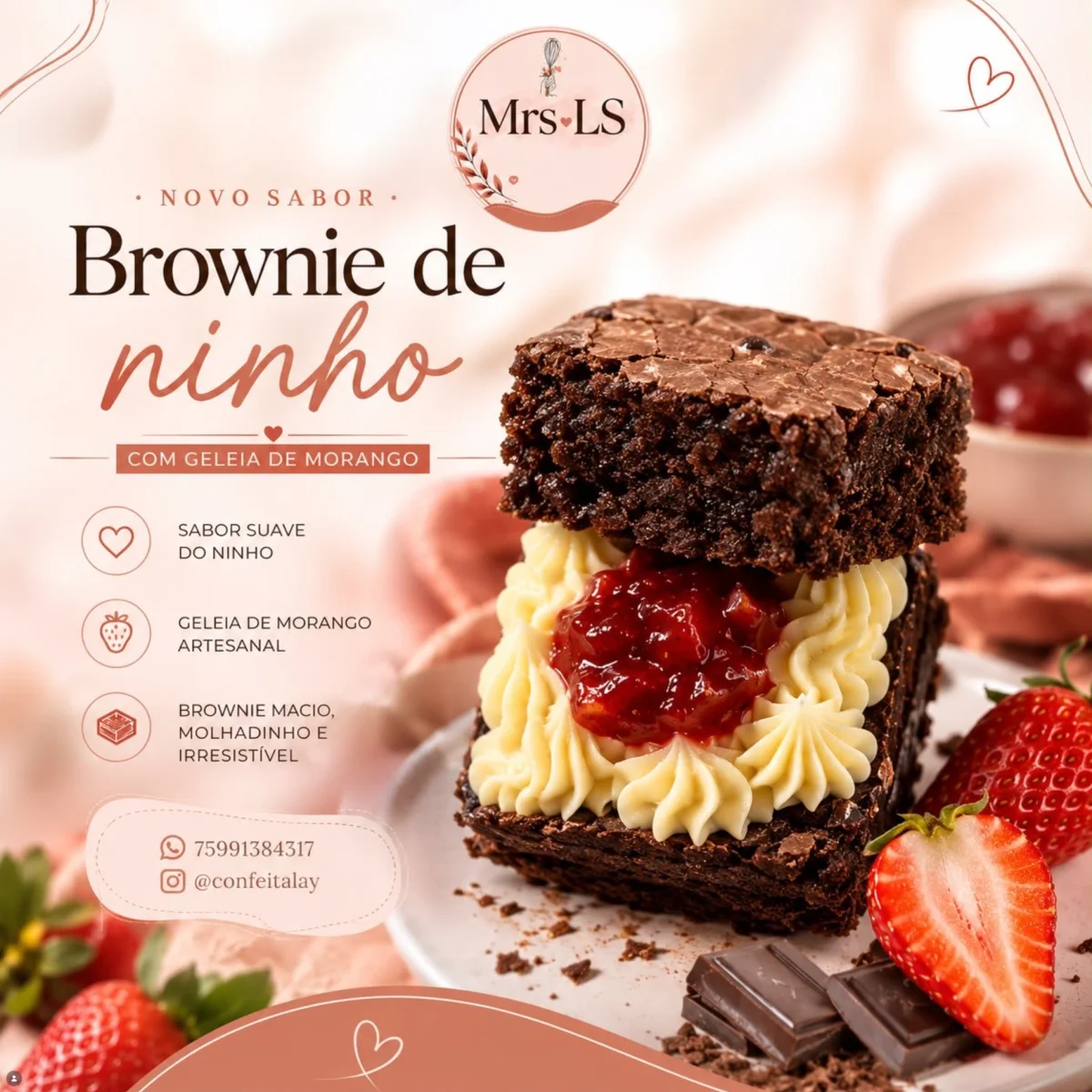 Brownie com recheio de ninho e geleia de morango